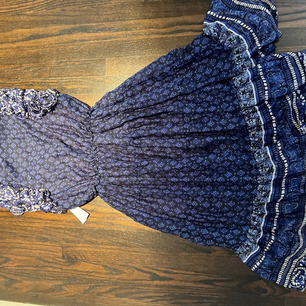 AQUA Border Print Tassel Tie Tiered Midi